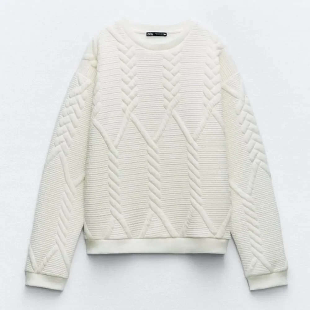 Zara White Quilted Pullover Sweatshirt Sweater Ribbed Knit Crewneck Small